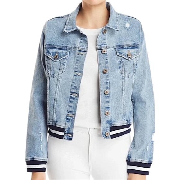 Pistola - Women’s ‘Brando’ Distressed, Bomber Denim Jacket, Trim - Blue, Medium - Picture 1 of 16